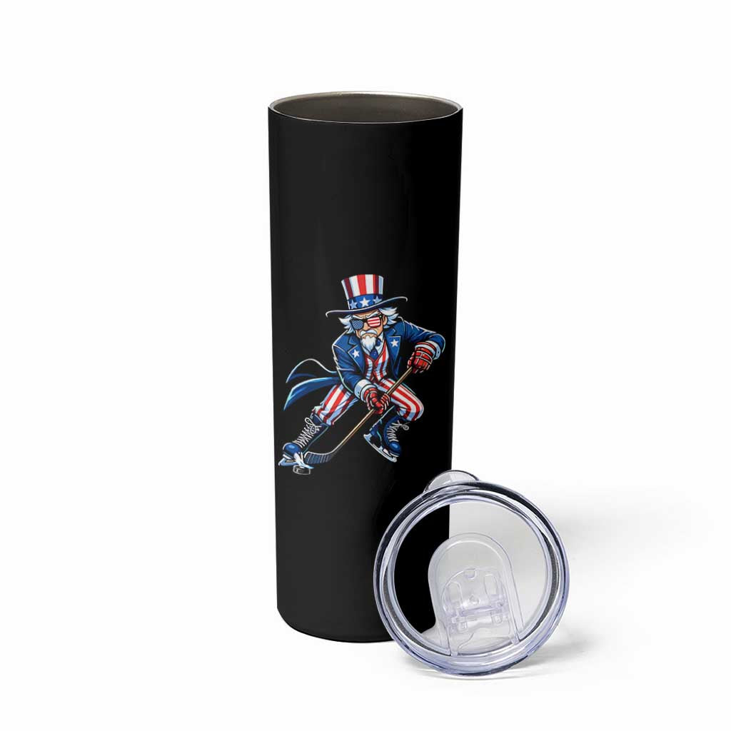Uncle Sam Playing Hockey Patriotic Graphic Skinny Tumbler Funny USA Ice Hockey American Pride