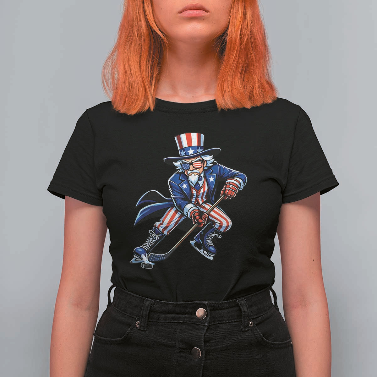 Uncle Sam Playing Hockey Patriotic Graphic T Shirt For Women Funny USA Ice Hockey American Pride