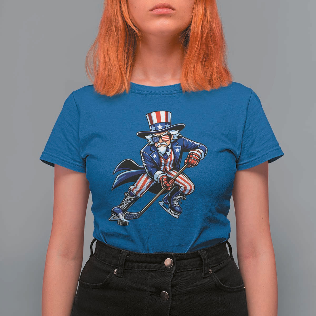 Uncle Sam Playing Hockey Patriotic Graphic T Shirt For Women Funny USA Ice Hockey American Pride