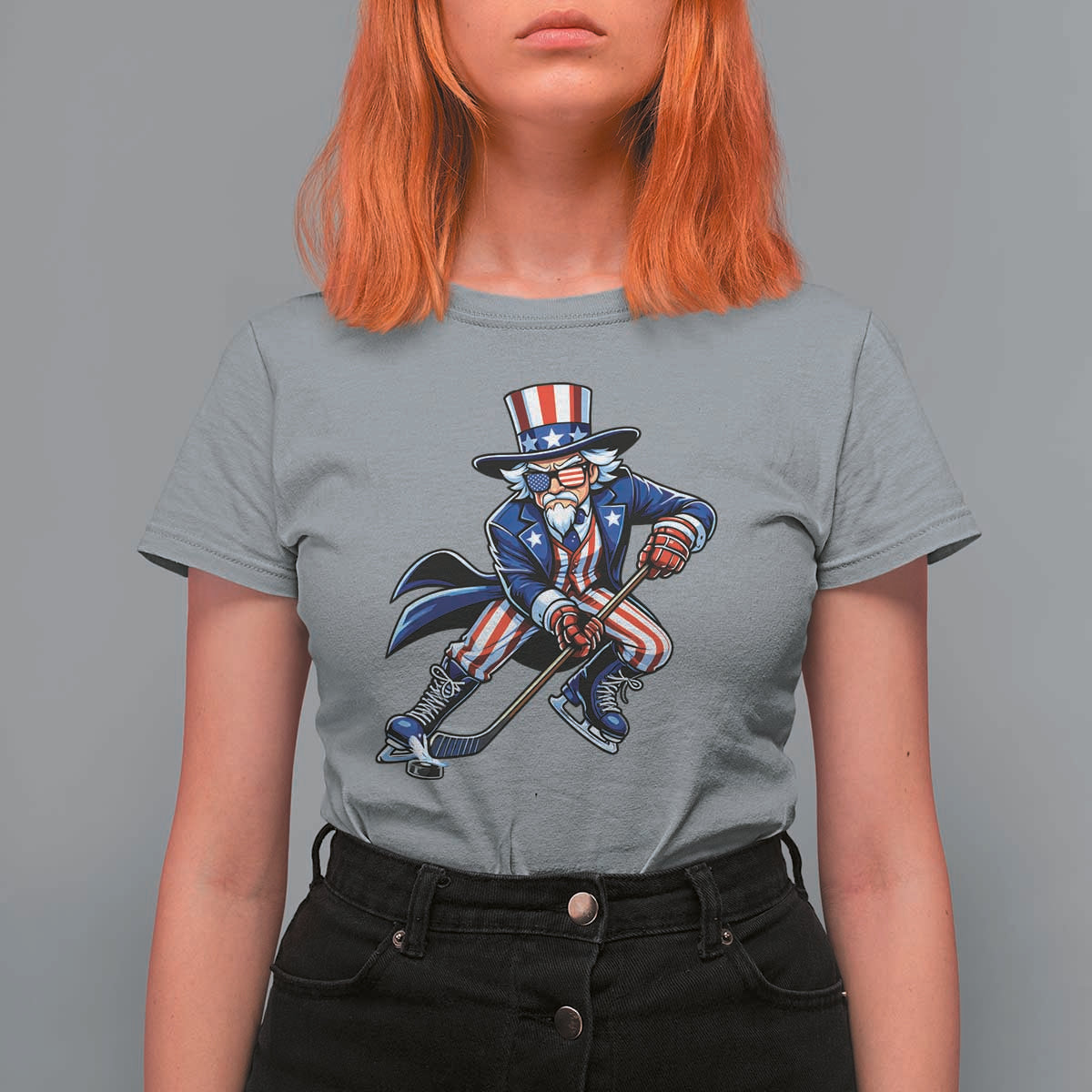 Uncle Sam Playing Hockey Patriotic Graphic T Shirt For Women Funny USA Ice Hockey American Pride