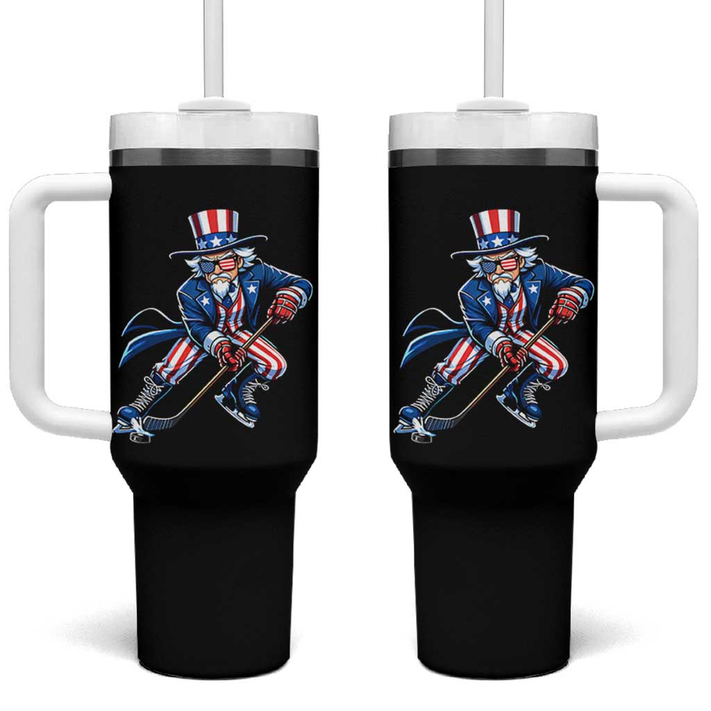 Uncle Sam Playing Hockey Patriotic Graphic Tumbler With Handle Funny USA Ice Hockey American Pride