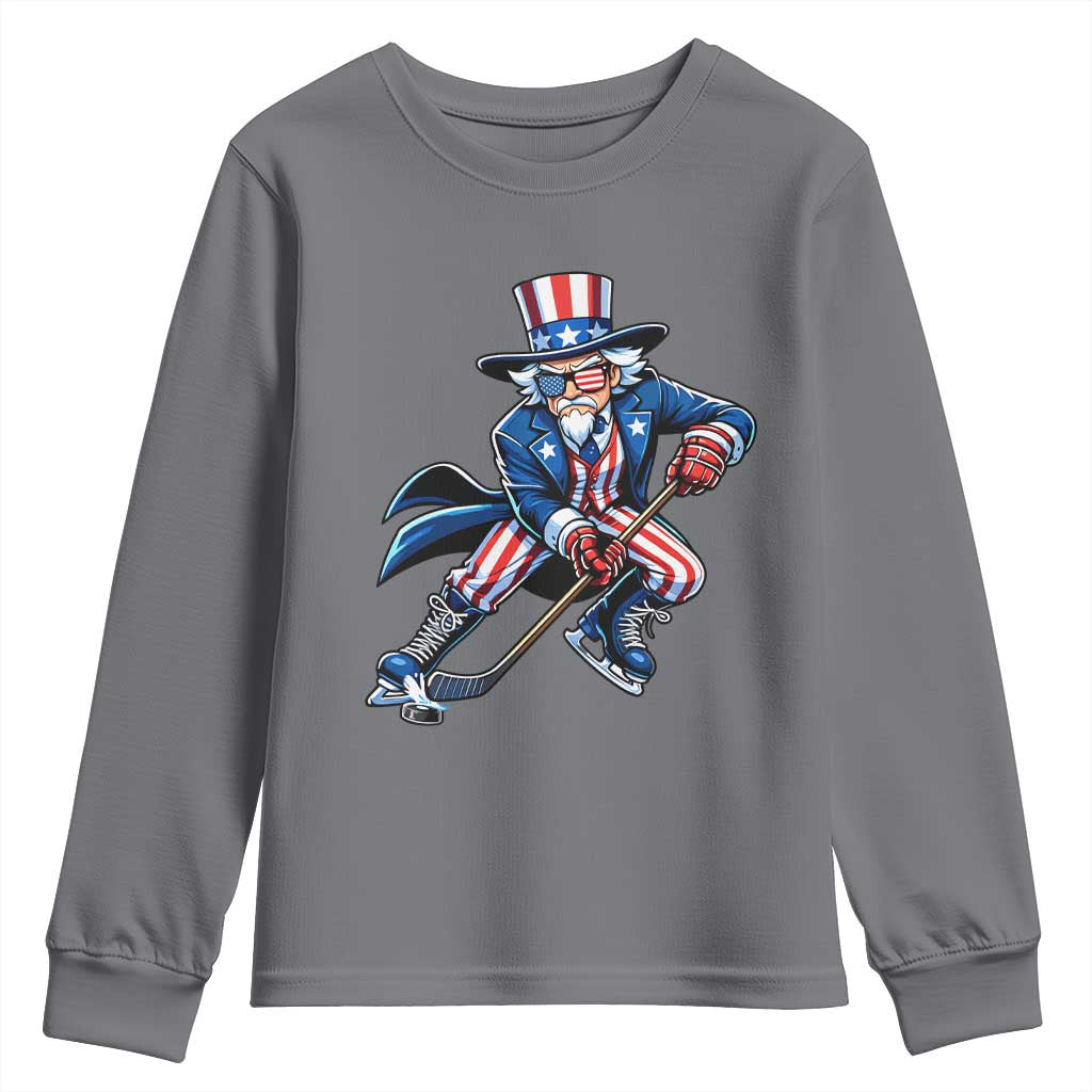 Uncle Sam Playing Hockey Patriotic Graphic Youth Sweatshirt Funny USA Ice Hockey American Pride