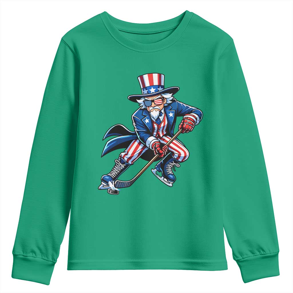 Uncle Sam Playing Hockey Patriotic Graphic Youth Sweatshirt Funny USA Ice Hockey American Pride