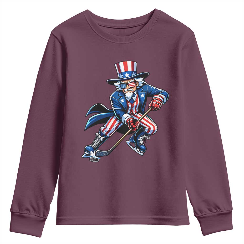 Uncle Sam Playing Hockey Patriotic Graphic Youth Sweatshirt Funny USA Ice Hockey American Pride
