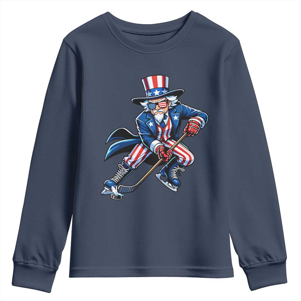 Uncle Sam Playing Hockey Patriotic Graphic Youth Sweatshirt Funny USA Ice Hockey American Pride