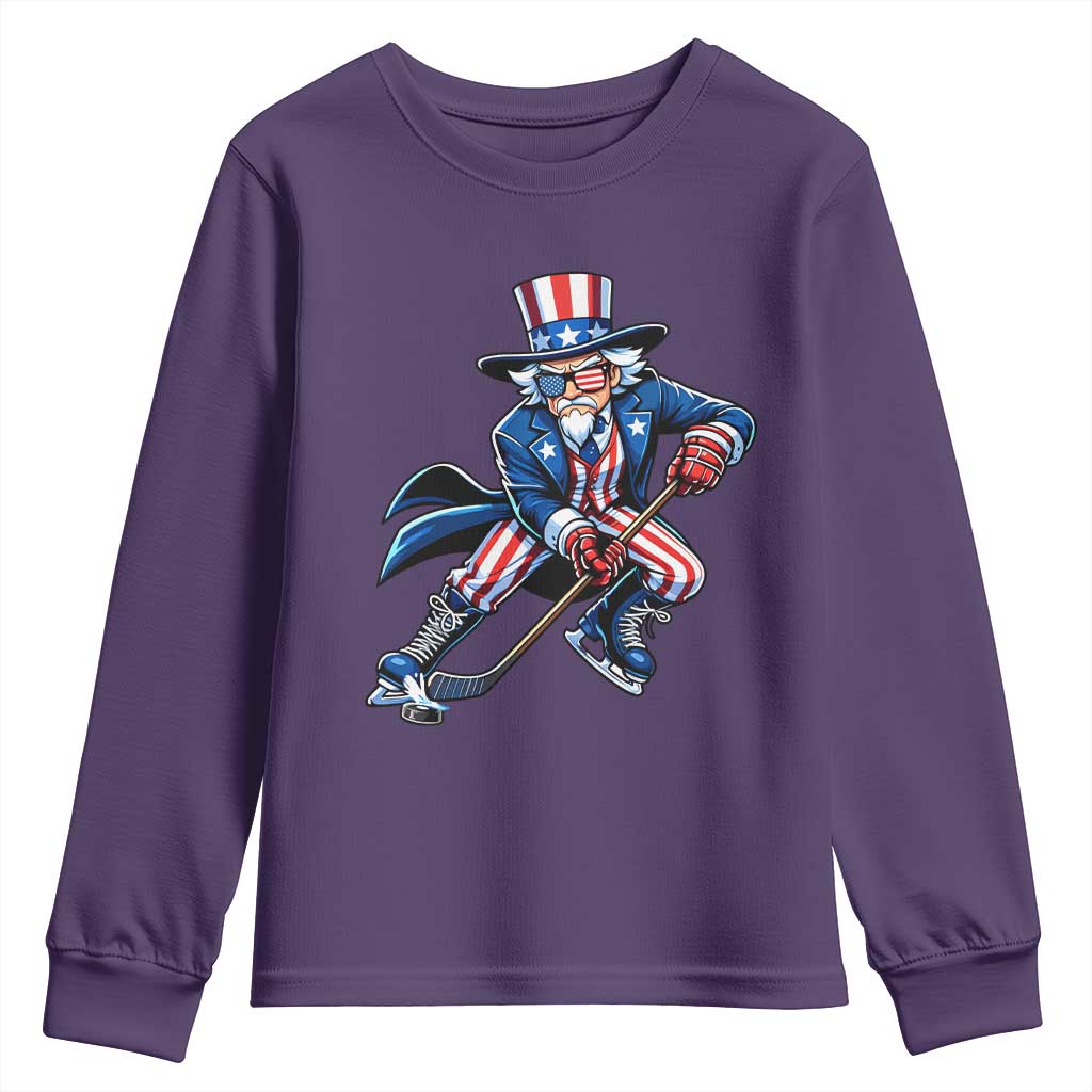 Uncle Sam Playing Hockey Patriotic Graphic Youth Sweatshirt Funny USA Ice Hockey American Pride