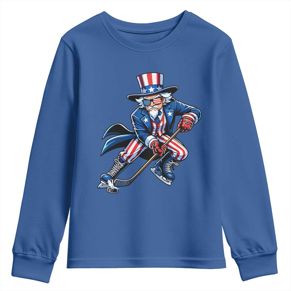 Uncle Sam Playing Hockey Patriotic Graphic Youth Sweatshirt Funny USA Ice Hockey American Pride