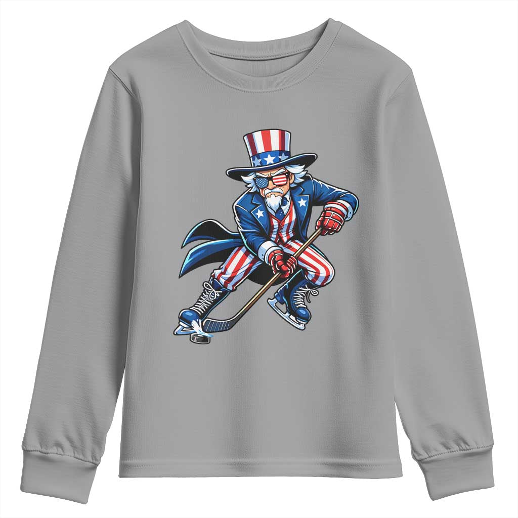Uncle Sam Playing Hockey Patriotic Graphic Youth Sweatshirt Funny USA Ice Hockey American Pride