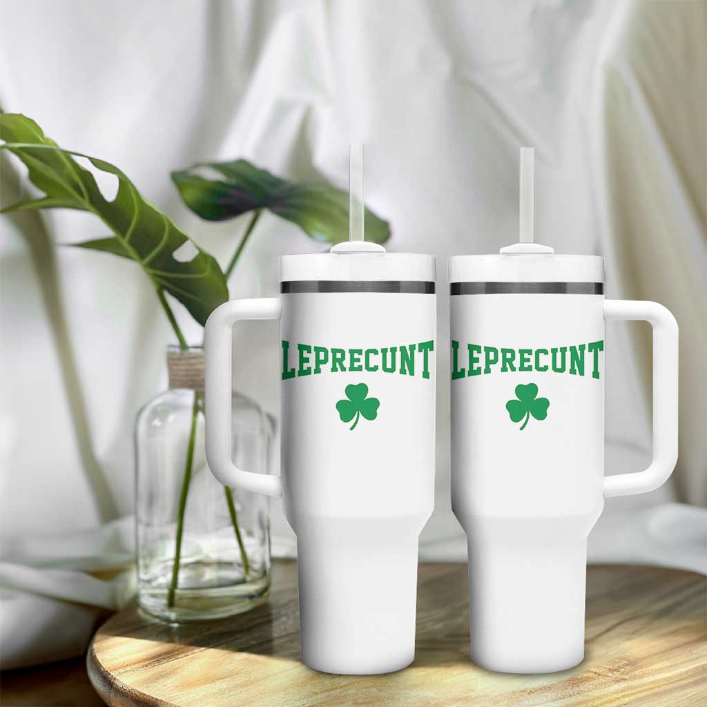 Leprecunt Bold Shamrock Graphic Tumbler With Handle Funny Irish St Patricks Day Party Adult Humor