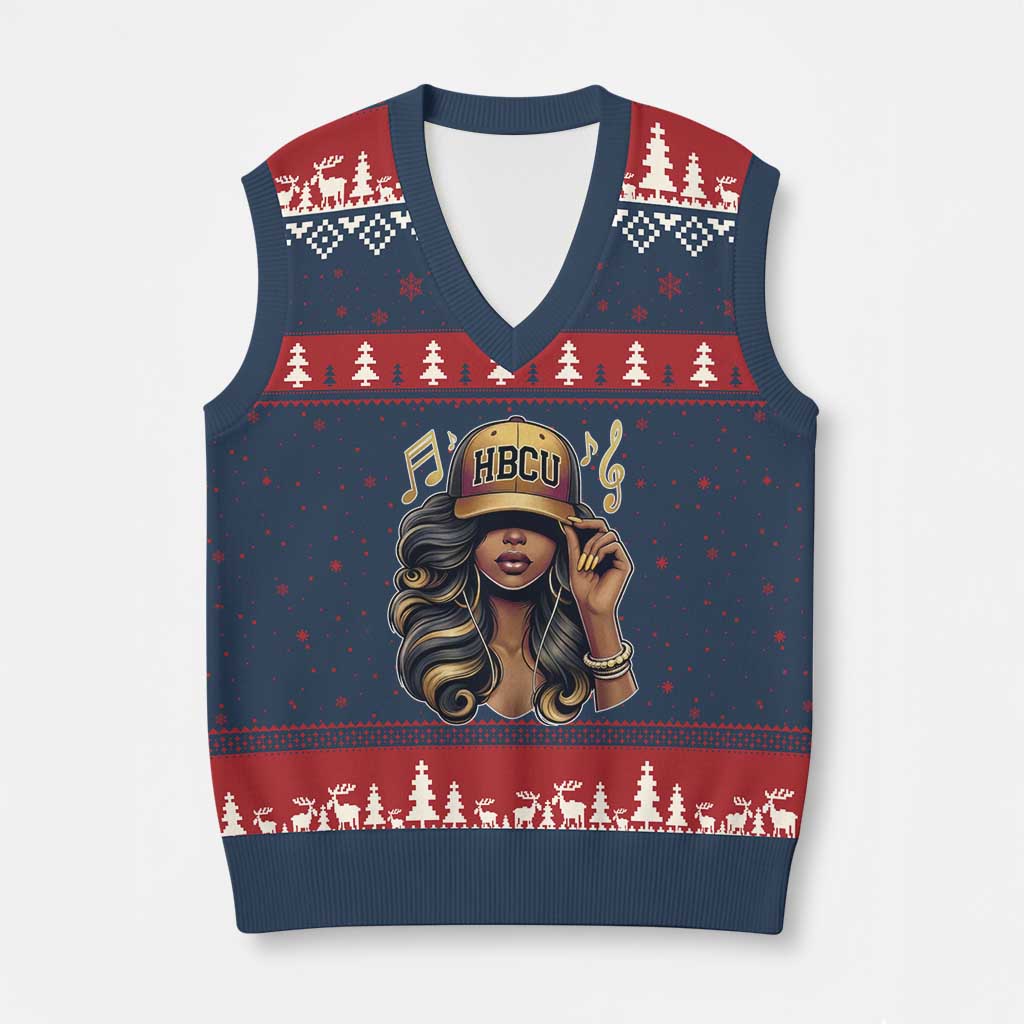 HBCU Queen Vibes V-Neck Knit Sweater Vest Melanin Music College Pride for Black Excellence Supporters