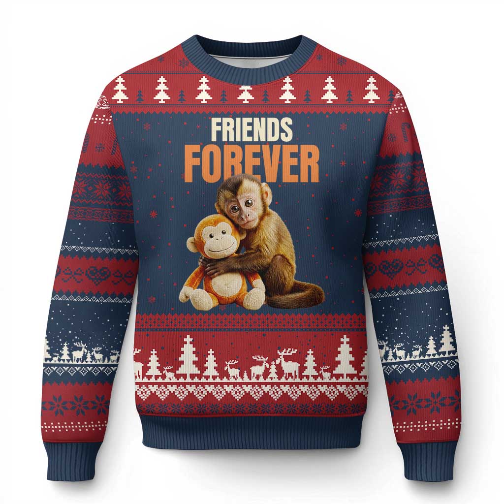 Friends Forever Viral Punch The Monkey Ugly Christmas Sweater Cute Baby Monkey Hugging Plush Toy Best Friend Gift
