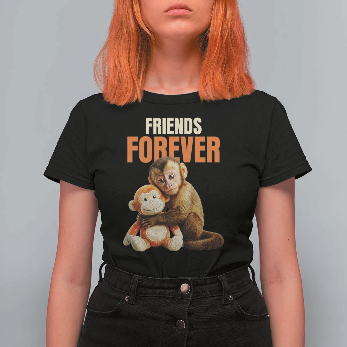 Friends Forever Viral Punch The Monkey T Shirt For Women Cute Baby Monkey Hugging Plush Toy Best Friend Gift