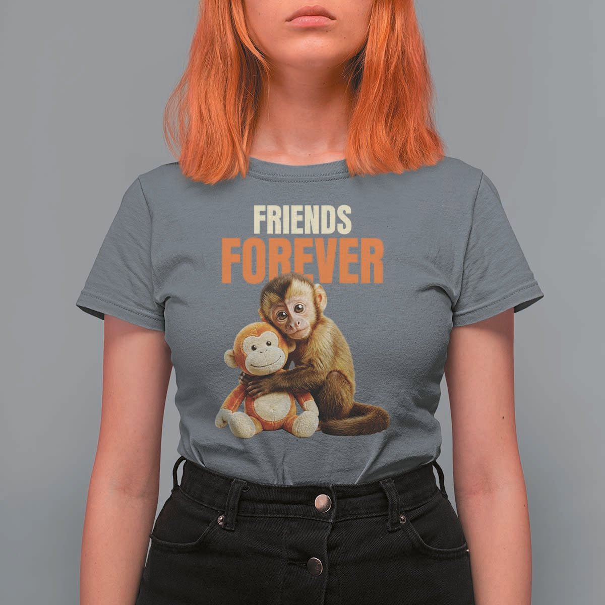 Friends Forever Viral Punch The Monkey T Shirt For Women Cute Baby Monkey Hugging Plush Toy Best Friend Gift