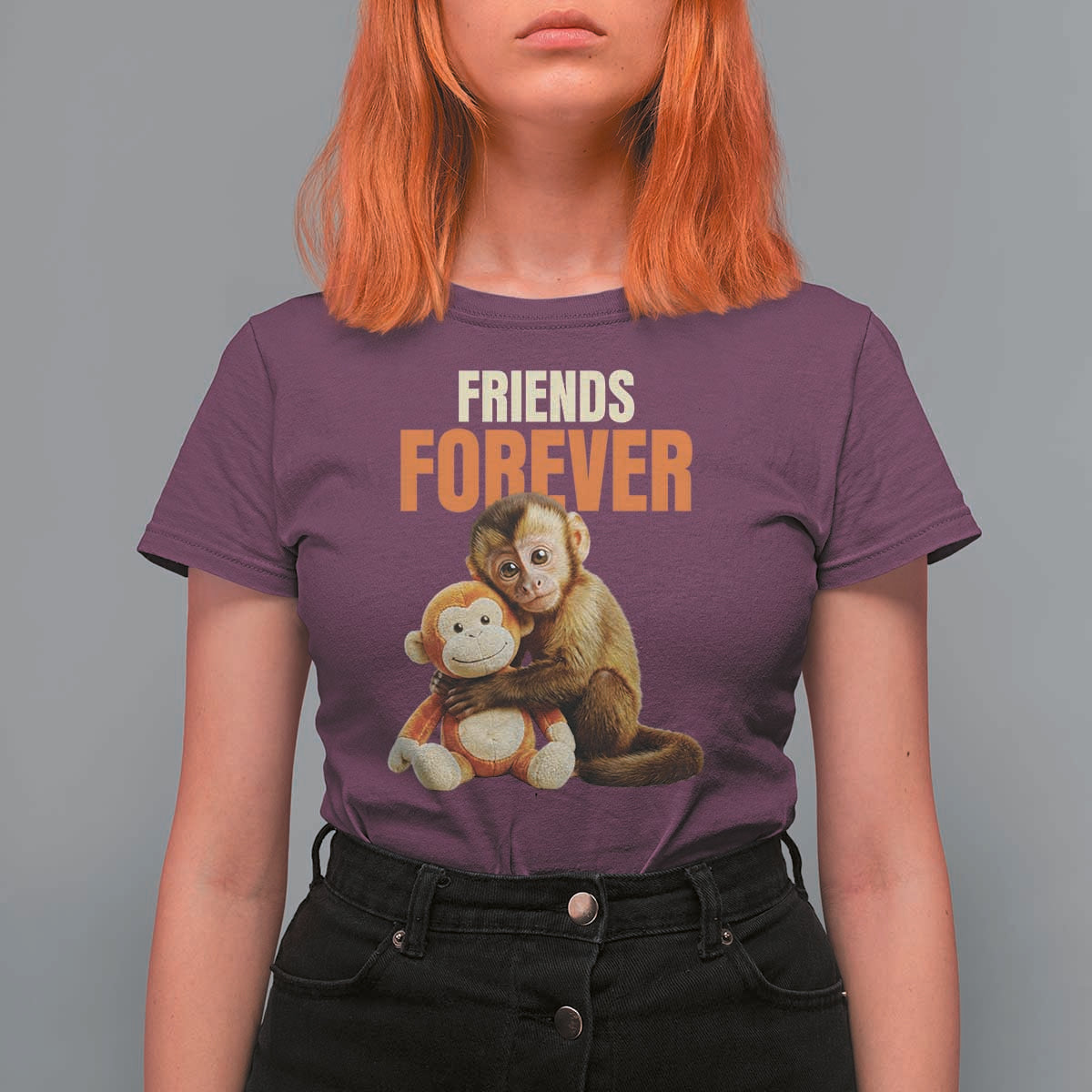 Friends Forever Viral Punch The Monkey T Shirt For Women Cute Baby Monkey Hugging Plush Toy Best Friend Gift