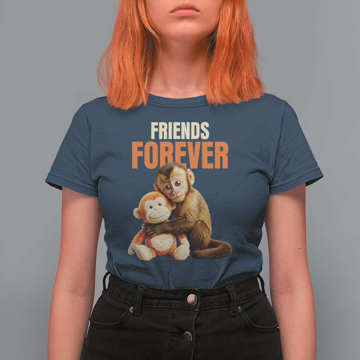 Friends Forever Viral Punch The Monkey T Shirt For Women Cute Baby Monkey Hugging Plush Toy Best Friend Gift