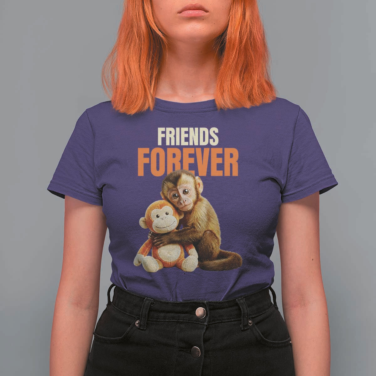 Friends Forever Viral Punch The Monkey T Shirt For Women Cute Baby Monkey Hugging Plush Toy Best Friend Gift