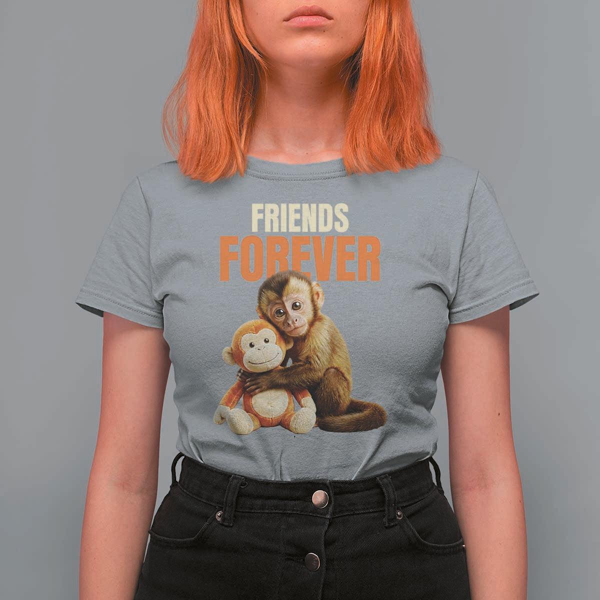 Friends Forever Viral Punch The Monkey T Shirt For Women Cute Baby Monkey Hugging Plush Toy Best Friend Gift