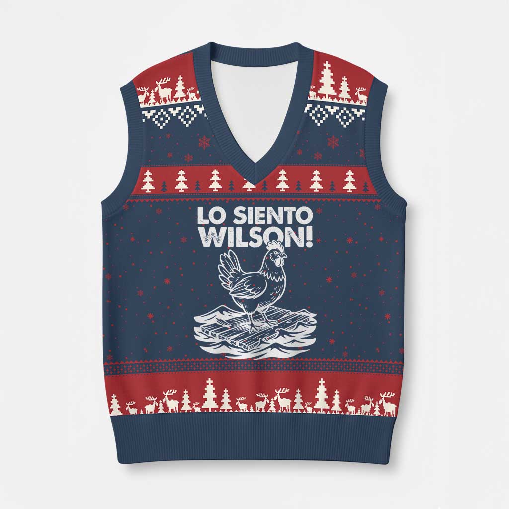 Lo Siento Wilson Funny Chicken Floating Meme V-Neck Knit Sweater Vest Viral Rooster Spanish Apology Trend