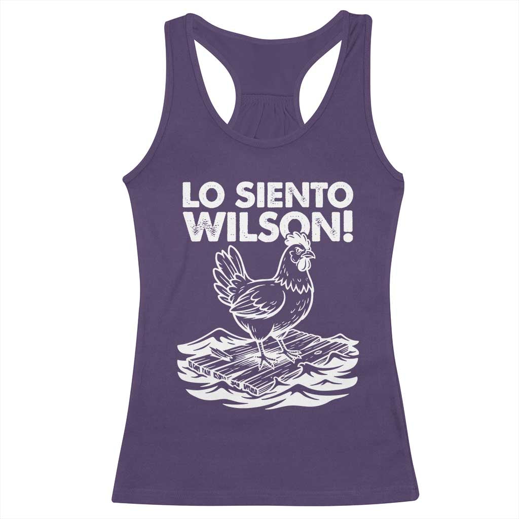 Lo Siento Wilson Funny Chicken Floating Meme Racerback Tank Top Viral Rooster Spanish Apology Trend