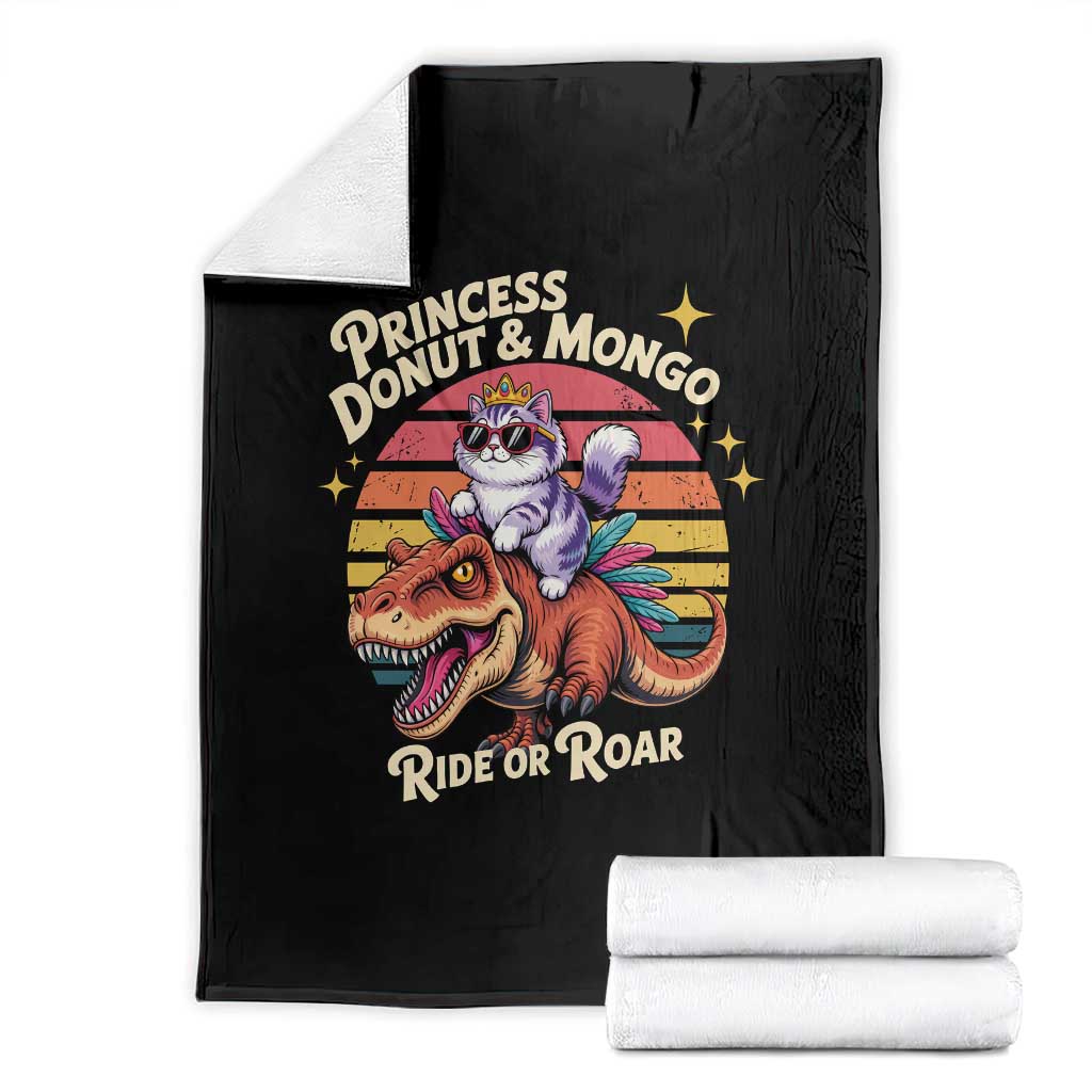 Princess Donut and Mongo Ride or Roar Throw Blanket Funny Cat Riding Dinosaur Retro Sunset