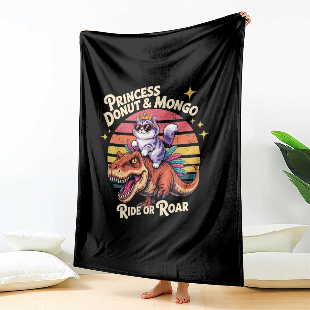 Princess Donut and Mongo Ride or Roar Throw Blanket Funny Cat Riding Dinosaur Retro Sunset