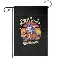 Princess Donut and Mongo Ride or Roar Garden Flag Funny Cat Riding Dinosaur Retro Sunset