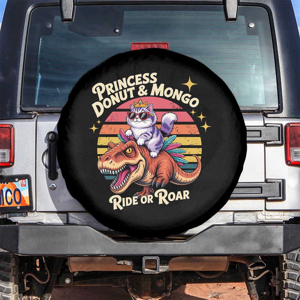 Princess Donut and Mongo Ride or Roar Spare Tire Cover Funny Cat Riding Dinosaur Retro Sunset