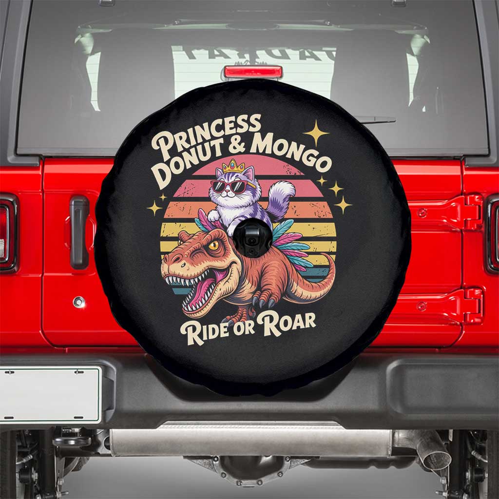 Princess Donut and Mongo Ride or Roar Spare Tire Cover Funny Cat Riding Dinosaur Retro Sunset