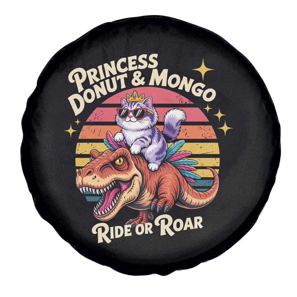 Princess Donut and Mongo Ride or Roar Spare Tire Cover Funny Cat Riding Dinosaur Retro Sunset