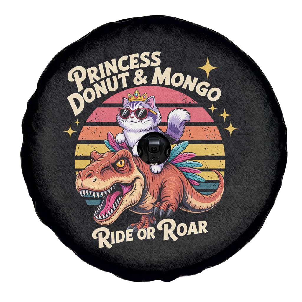 Princess Donut and Mongo Ride or Roar Spare Tire Cover Funny Cat Riding Dinosaur Retro Sunset