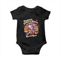 Princess Donut and Mongo Ride or Roar Baby Onesie Funny Cat Riding Dinosaur Retro Sunset