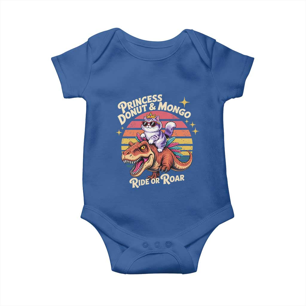 Princess Donut and Mongo Ride or Roar Baby Onesie Funny Cat Riding Dinosaur Retro Sunset