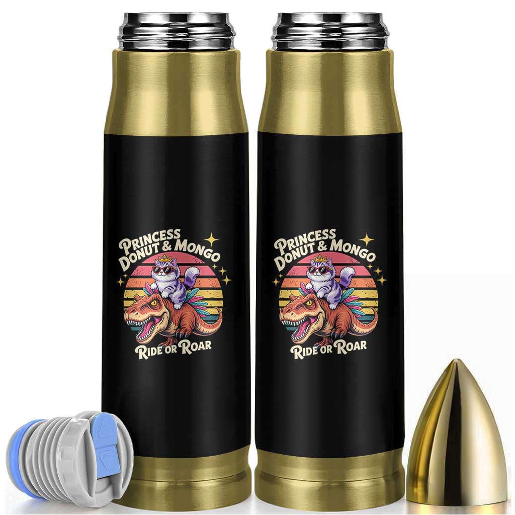 Princess Donut and Mongo Ride or Roar Bullet Tumbler Funny Cat Riding Dinosaur Retro Sunset