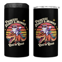 Princess Donut and Mongo Ride or Roar 4 in 1 Can Cooler Tumbler Funny Cat Riding Dinosaur Retro Sunset