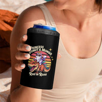 Princess Donut and Mongo Ride or Roar 4 in 1 Can Cooler Tumbler Funny Cat Riding Dinosaur Retro Sunset