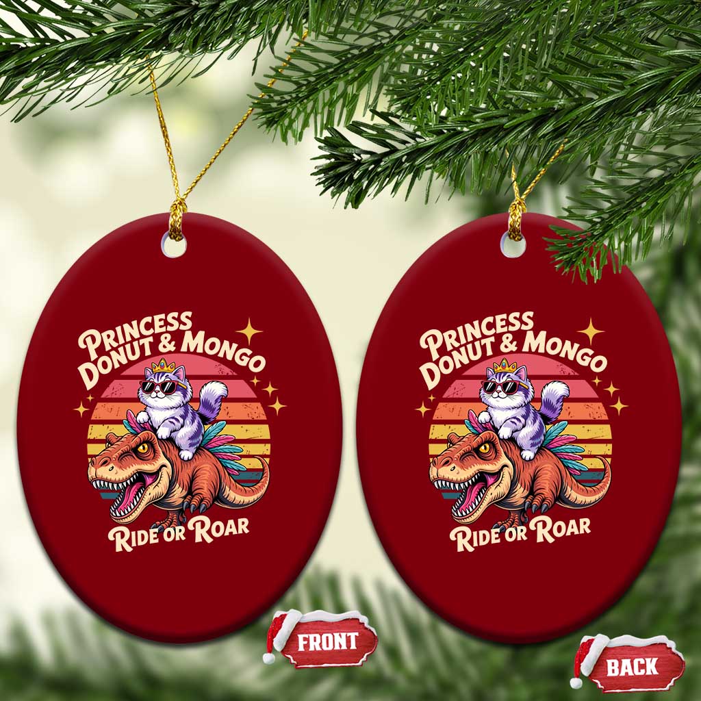 Princess Donut and Mongo Ride or Roar Ceramic Ornament Funny Cat Riding Dinosaur Retro Sunset