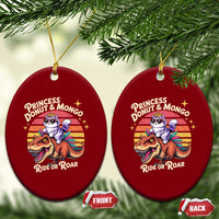 Princess Donut and Mongo Ride or Roar Ceramic Ornament Funny Cat Riding Dinosaur Retro Sunset