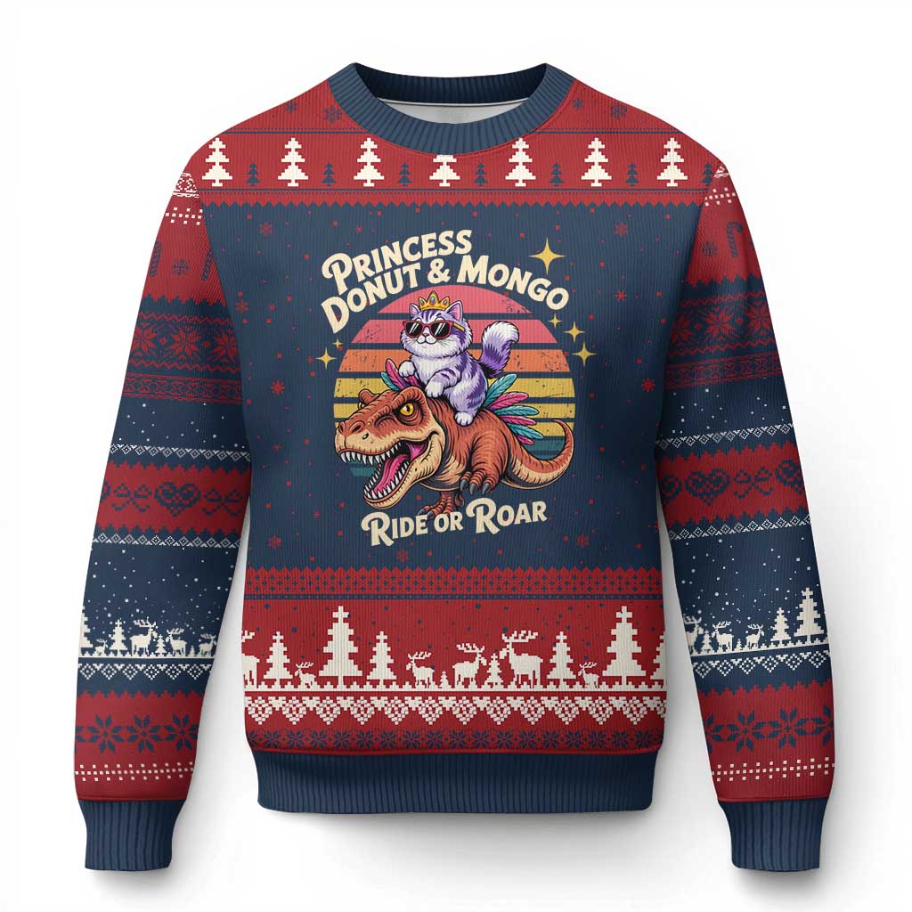 Princess Donut and Mongo Ride or Roar Ugly Christmas Sweater Funny Cat Riding Dinosaur Retro Sunset