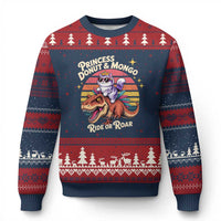 Princess Donut and Mongo Ride or Roar Ugly Christmas Sweater Funny Cat Riding Dinosaur Retro Sunset