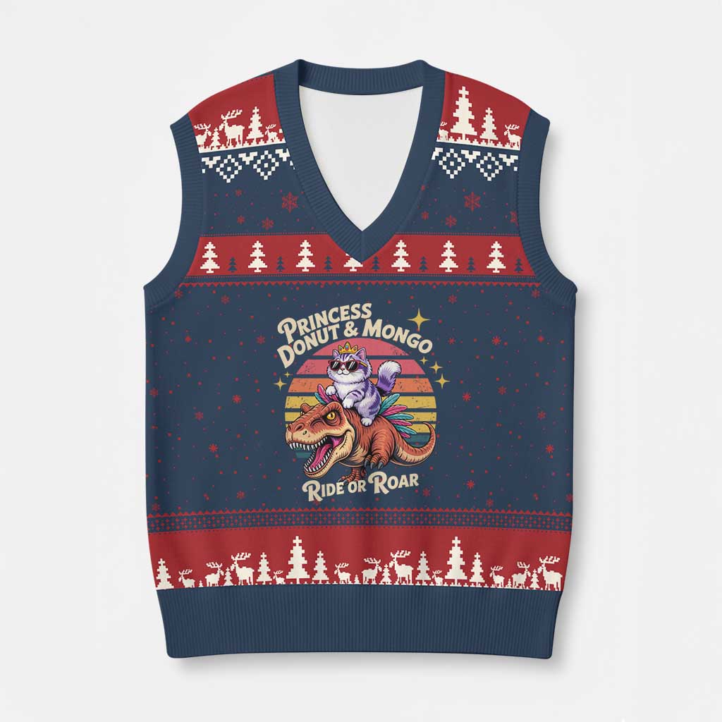 Princess Donut and Mongo Ride or Roar V-Neck Knit Sweater Vest Funny Cat Riding Dinosaur Retro Sunset