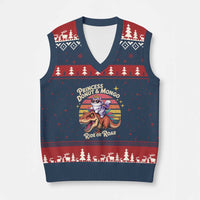 Princess Donut and Mongo Ride or Roar V-Neck Knit Sweater Vest Funny Cat Riding Dinosaur Retro Sunset