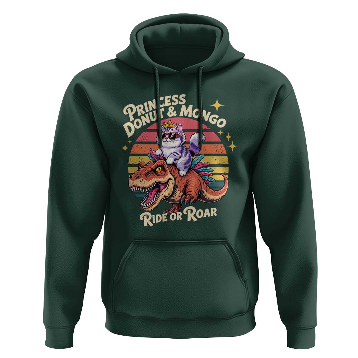 Princess Donut and Mongo Ride or Roar Hoodie Funny Cat Riding Dinosaur Retro Sunset