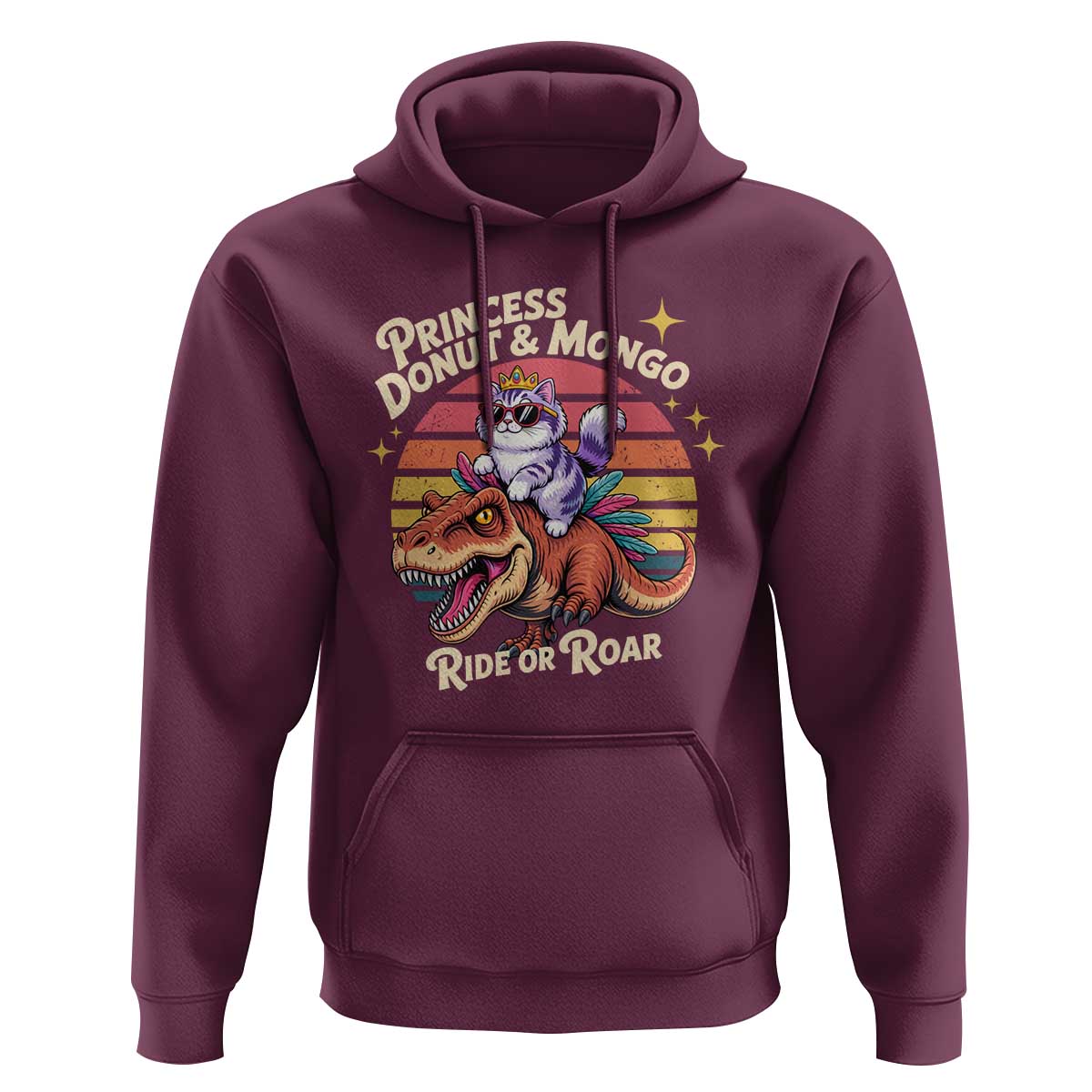 Princess Donut and Mongo Ride or Roar Hoodie Funny Cat Riding Dinosaur Retro Sunset