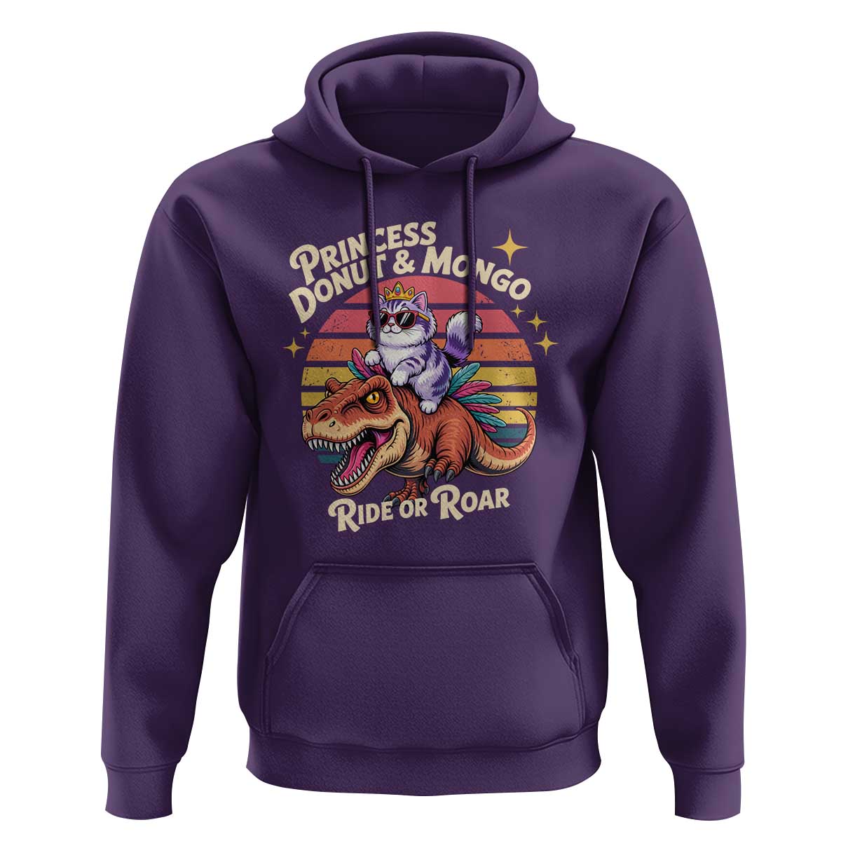 Princess Donut and Mongo Ride or Roar Hoodie Funny Cat Riding Dinosaur Retro Sunset