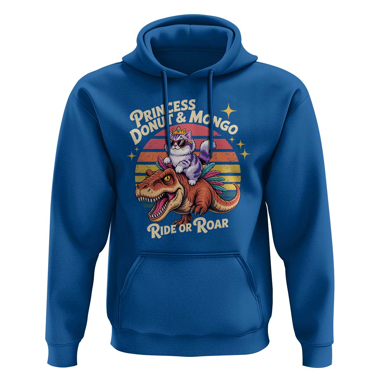 Princess Donut and Mongo Ride or Roar Hoodie Funny Cat Riding Dinosaur Retro Sunset