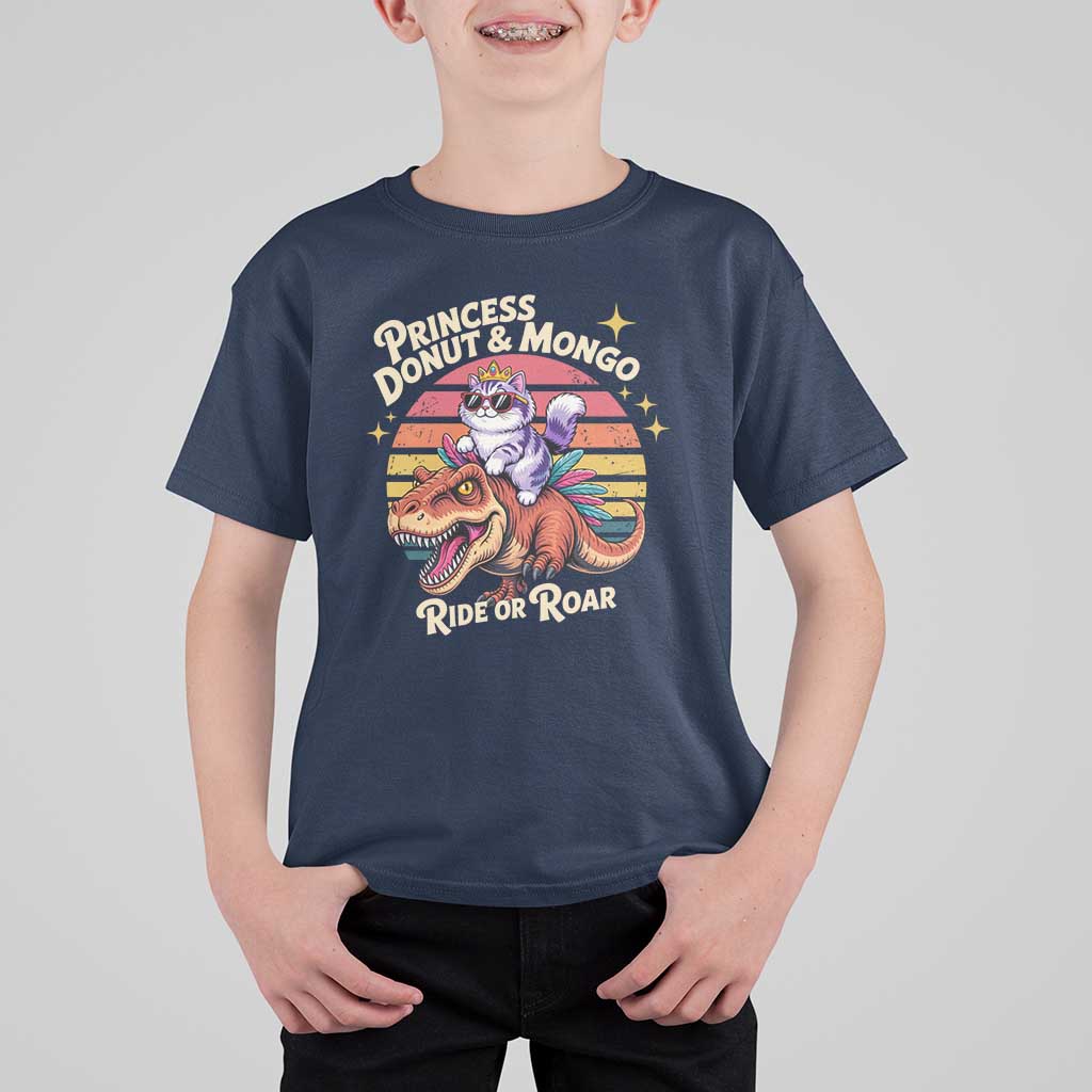 Princess Donut and Mongo Ride or Roar T Shirt For Kid Funny Cat Riding Dinosaur Retro Sunset