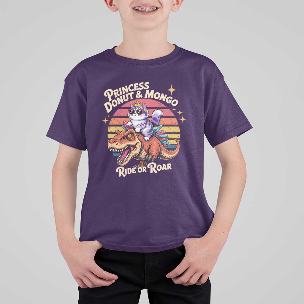 Princess Donut and Mongo Ride or Roar T Shirt For Kid Funny Cat Riding Dinosaur Retro Sunset