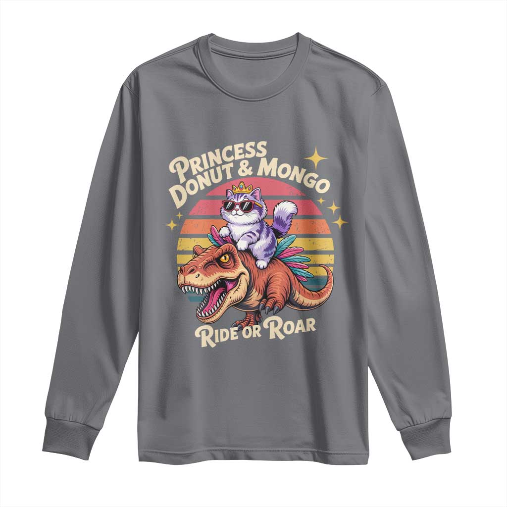 Princess Donut and Mongo Ride or Roar Long Sleeve Shirt Funny Cat Riding Dinosaur Retro Sunset