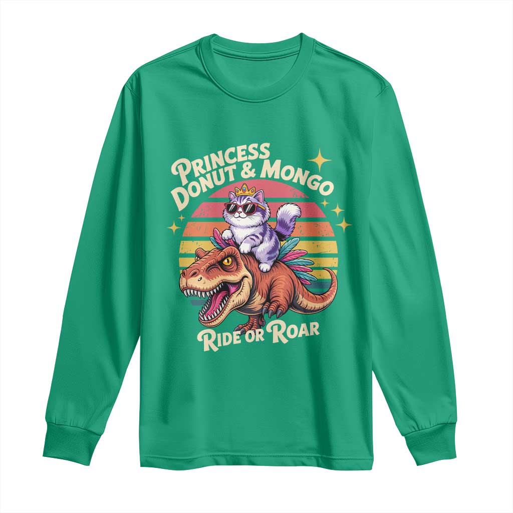 Princess Donut and Mongo Ride or Roar Long Sleeve Shirt Funny Cat Riding Dinosaur Retro Sunset