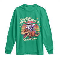 Princess Donut and Mongo Ride or Roar Long Sleeve Shirt Funny Cat Riding Dinosaur Retro Sunset